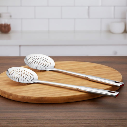 Vinod Stainless Steel Queens Perforated Skimmer Heavy Gauge Strainer Jhara 38.5 cm I Set of 2 I no 2
