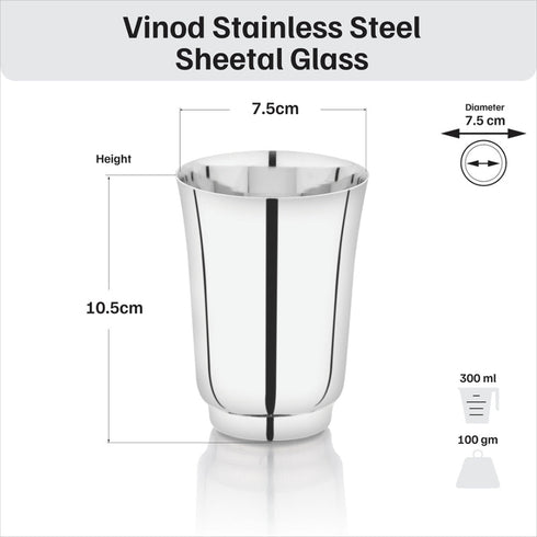 Vinod Stainless Steel Sheetal Glass Set of 6 300 ml with Highest Grade Stainless Steel Tough and Strong Rust Free and Dishwasher Safe