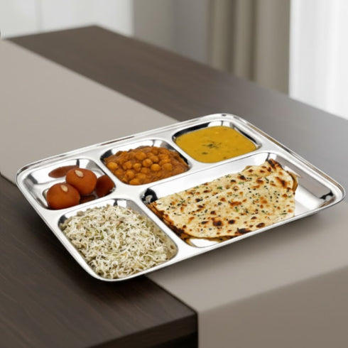 Vinod Stainless Steel 5 Compartment Plate with Square Edges Lunch and Dinner Plate Bhojan Thali High Quality Steel Rust Free Pack of 2