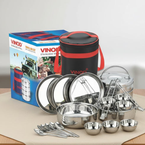 Vinod Stainless Steel Travelling Set 10 Inch 4 Compartment 25 Pcs Mirror Finish Tough and Strong Dishwasher Safe Rust Free