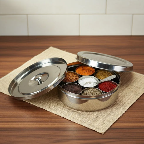 Vinod Stainless Steel Masala Dabba Spice Box with 7 Containers Spoon and Inner Lid Mirror Finish Rust Free Build No 13