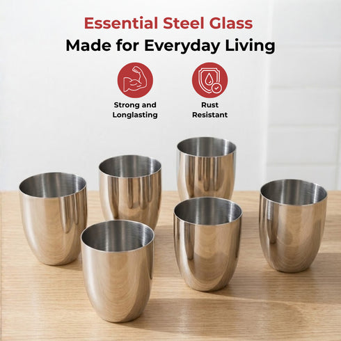 Vinod Stainless Steel Vento Glass Set of 6 300 ml Highest Grade Steel Mirror Finish Rust Free Easy to Clean and Dishwasher Safe