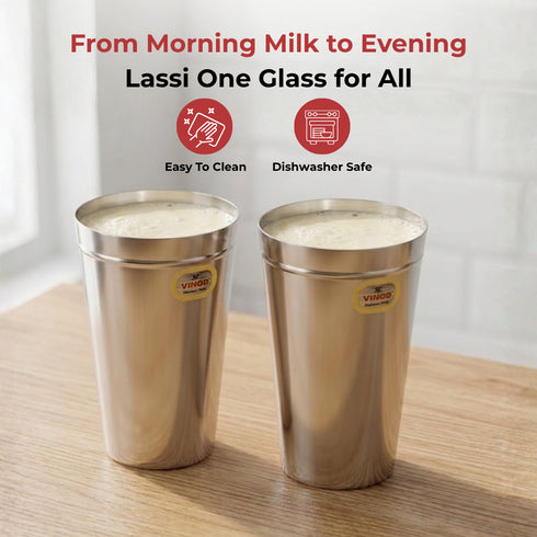 Vinod Stainless Steel Jumbo Lassi Glass Set of 2 650 ml with Food Grade Stainless Steel Mirror Finish Rust Free Dishwasher Safe