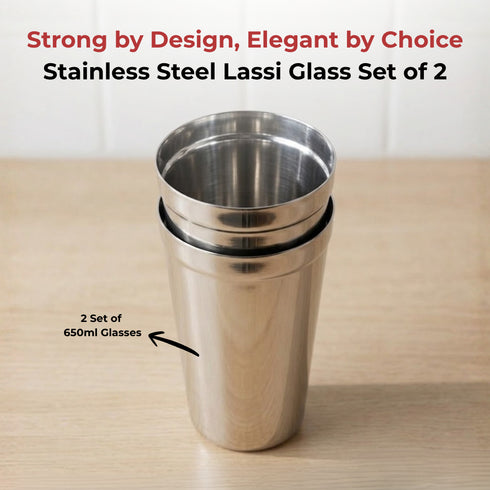 Vinod Stainless Steel Jumbo Lassi Glass Set of 2 650 ml with Food Grade Stainless Steel Mirror Finish Rust Free Dishwasher Safe