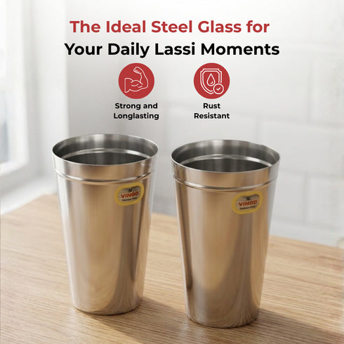 Vinod Stainless Steel Jumbo Lassi Glass Set of 2 650 ml with Food Grade Stainless Steel Mirror Finish Rust Free Dishwasher Safe