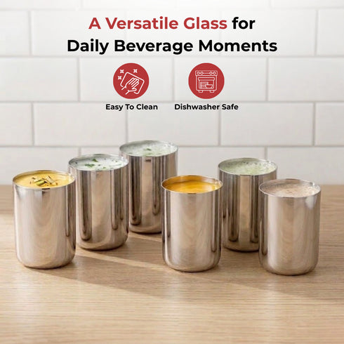Vinod Stainless Steel Juicee Glass Set of 6 350 ml Highest Grade Steel Tough and Strong Dishwasher Safe Rust Free Long Lasting