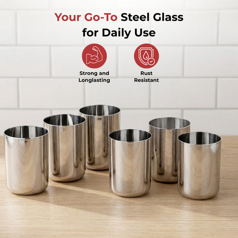 Vinod Stainless Steel Juicee Glass Set of 6 350 ml Highest Grade Steel Tough and Strong Dishwasher Safe Rust Free Long Lasting