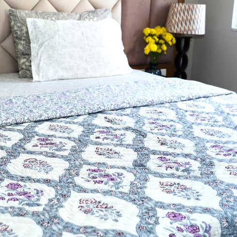 CREATUNIQ Violet Bloom Reversible Hand Block Printed Cotton Quilt
