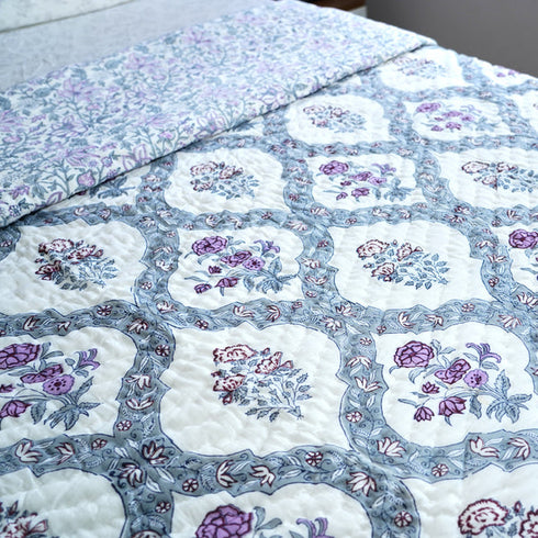 CREATUNIQ Violet Bloom Reversible Hand Block Printed Cotton Quilt