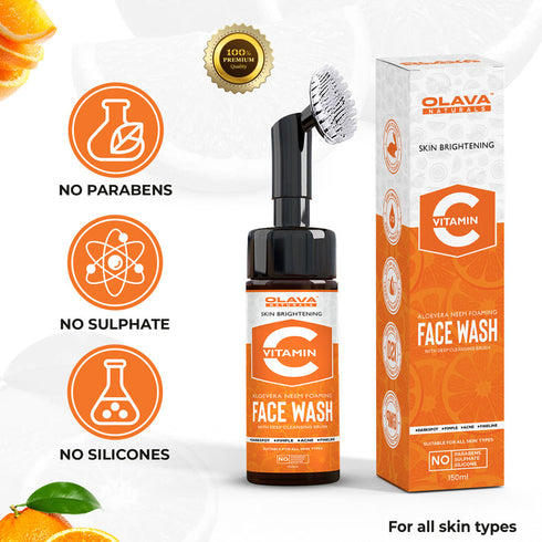 Olava Naturals Vitamin C Face Wash - Skin Brightening Foaming Face Wash with Built-In Deep Cleansing Brush