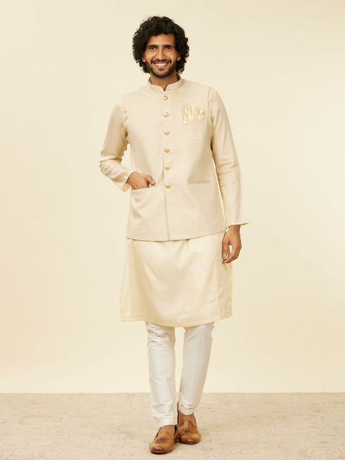 Manyavar Soft Beige Self Patterned Nehru Jacket