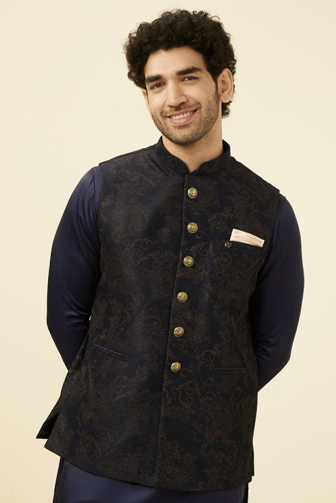 Manyavar Dark Blue Self Embossed Wear Jacket