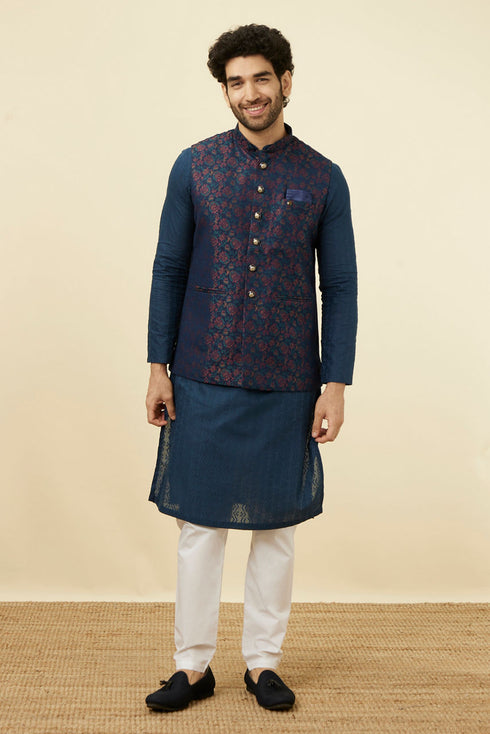 Manyavar Navy Blue Floral Patterned Half Jacket