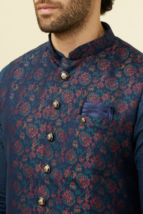 Manyavar Navy Blue Floral Patterned Half Jacket