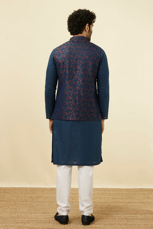 Manyavar Navy Blue Floral Patterned Half Jacket