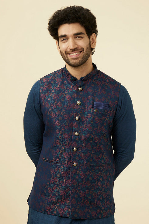Manyavar Navy Blue Floral Patterned Half Jacket