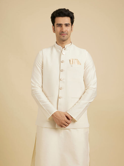 Manyavar Ivory Cream Classic Plain Nehru Jacket
