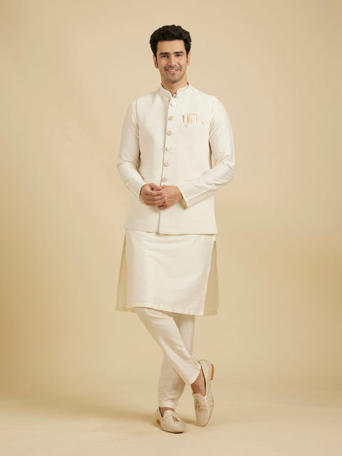Manyavar Ivory Cream Classic Plain Nehru Jacket