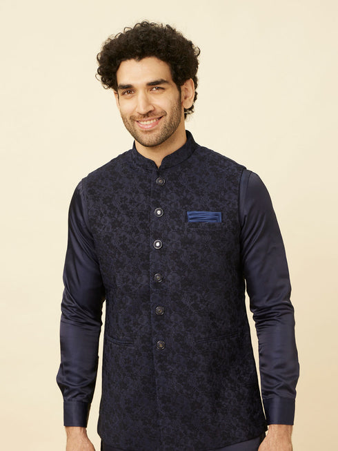 Manyavar Royal Blue Bel Buti Patterned Jacket