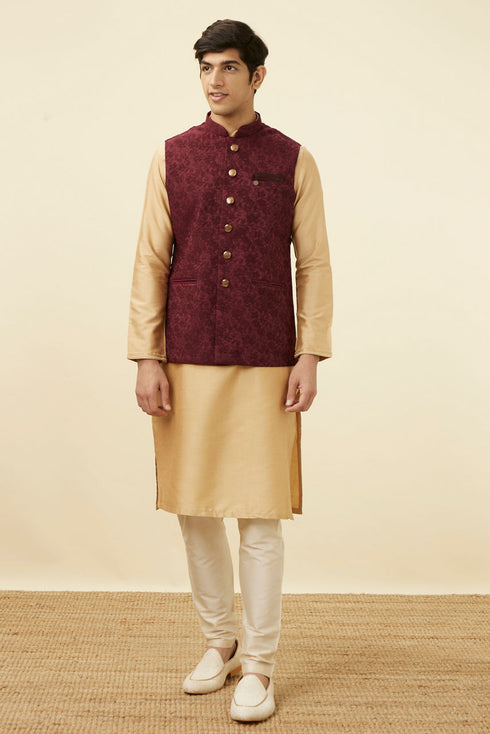 Manyavar Cabernet Red Bel Buti Patterned Jacket