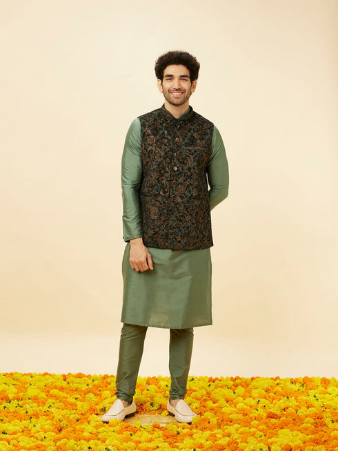 Manyavar Bottle Green Bel Buti Patterned Jacket