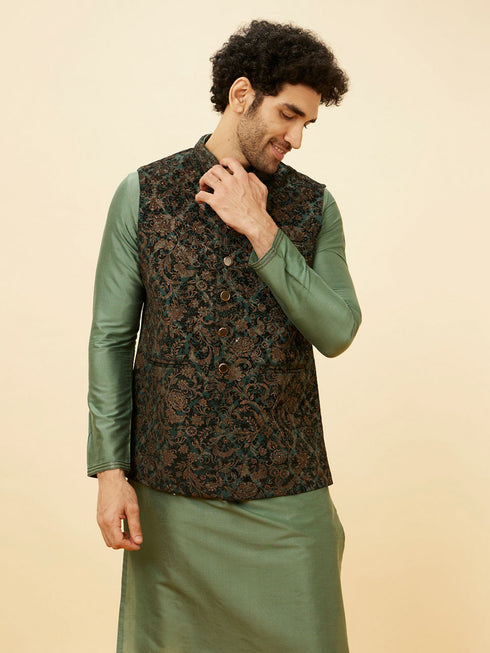 Manyavar Bottle Green Bel Buti Patterned Jacket