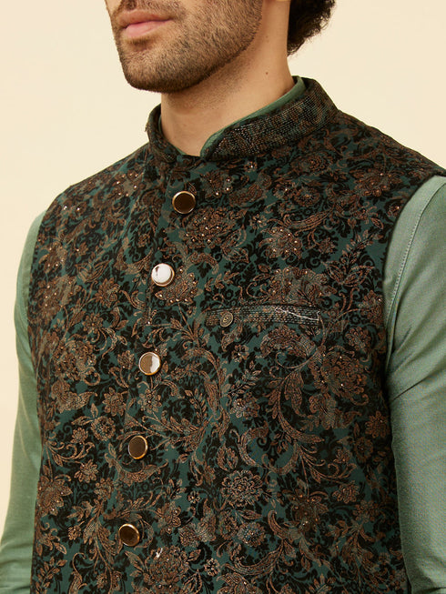 Manyavar Bottle Green Bel Buti Patterned Jacket
