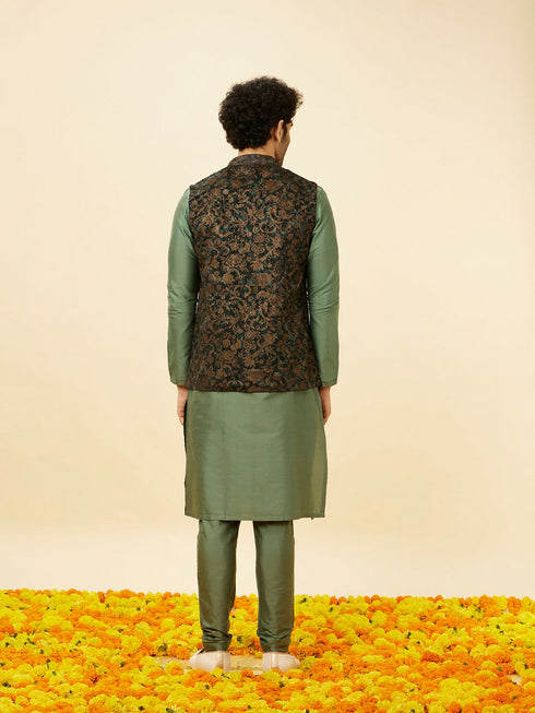 Manyavar Bottle Green Bel Buti Patterned Jacket
