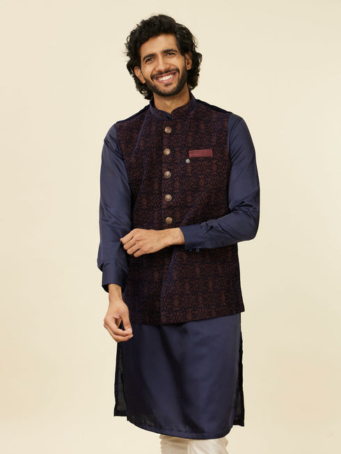 Manyavar Dark Blue Self Textured Nehru Jacket
