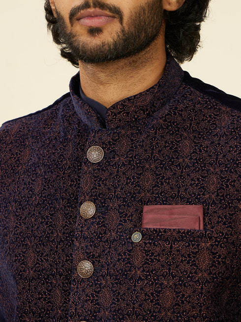 Manyavar Dark Blue Self Textured Nehru Jacket