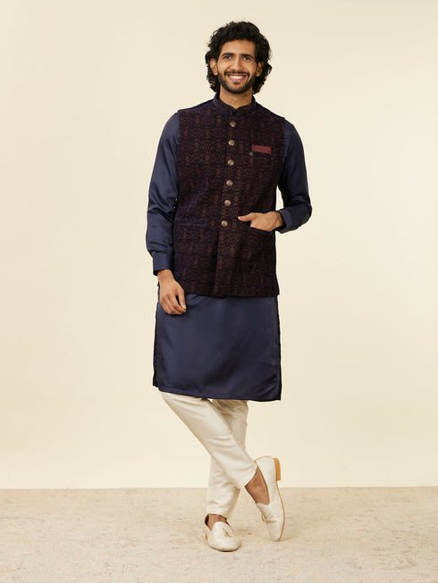 Manyavar Dark Blue Self Textured Nehru Jacket