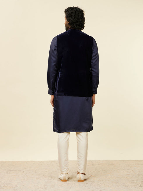 Manyavar Dark Blue Self Textured Nehru Jacket