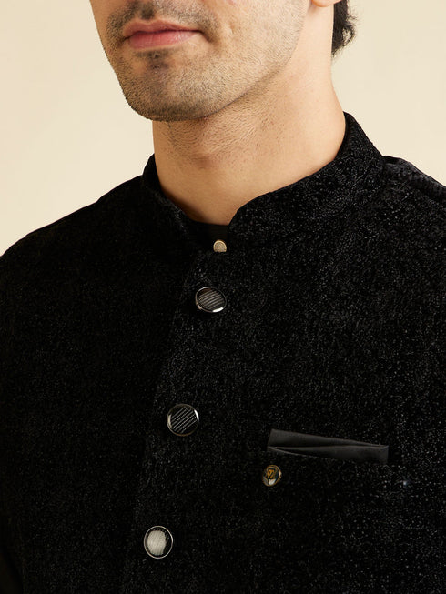 Manyavar Ebony Black Self Textured Nehru Jacket