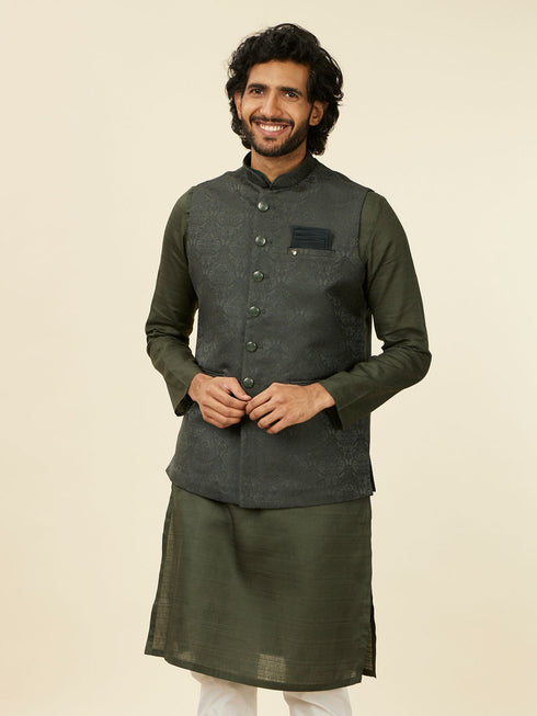 Manyavar Dark Green Victorian Patterned Nehru Jacket