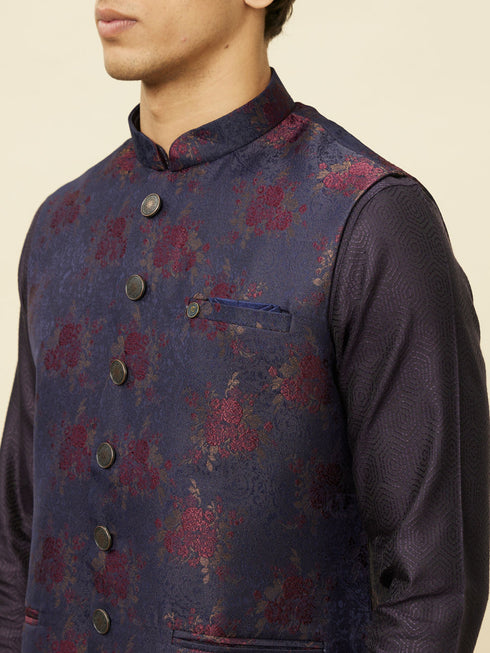 Manyavar Navy Blue Floral Patterned Jacket