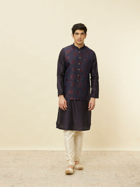 Manyavar Navy Blue Floral Patterned Jacket