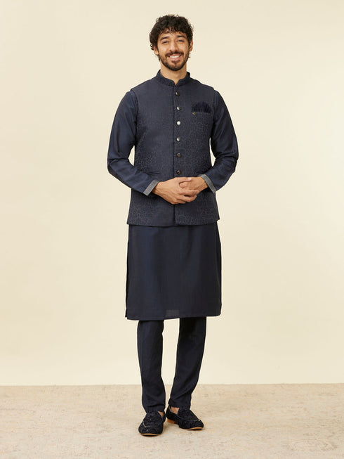Manyavar Dark Blue Medallion Patterned Nehru Jacket