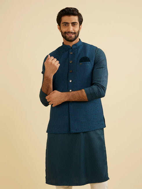 Manyavar Teal Blue Medallion Patterned Nehru Jacket