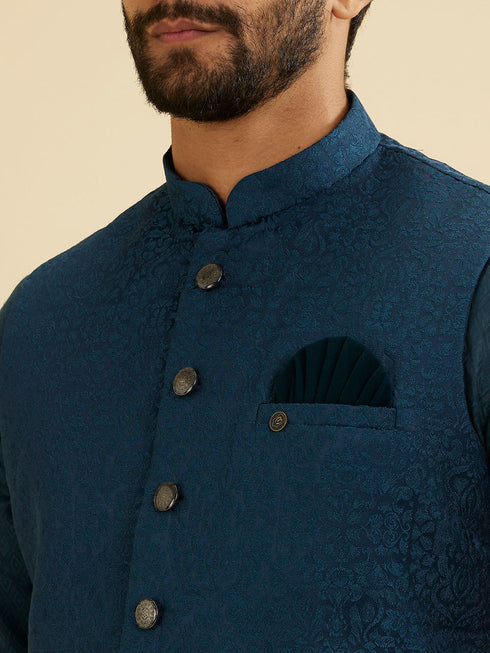 Manyavar Teal Blue Medallion Patterned Nehru Jacket