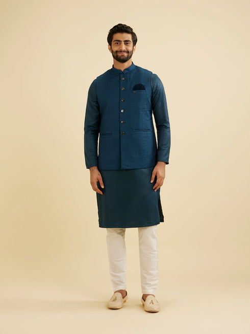 Manyavar Teal Blue Medallion Patterned Nehru Jacket