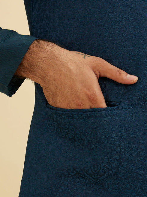 Manyavar Teal Blue Medallion Patterned Nehru Jacket