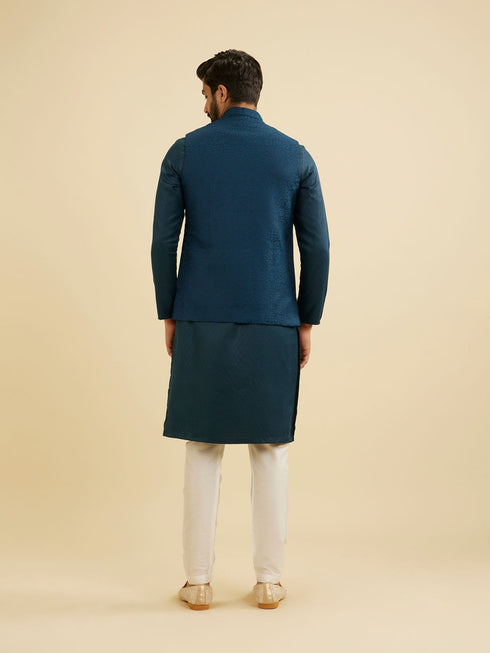 Manyavar Teal Blue Medallion Patterned Nehru Jacket