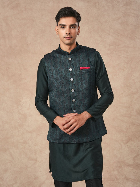 Manyavar Teal Green Brocade Nehru Jacket with Pocket Square