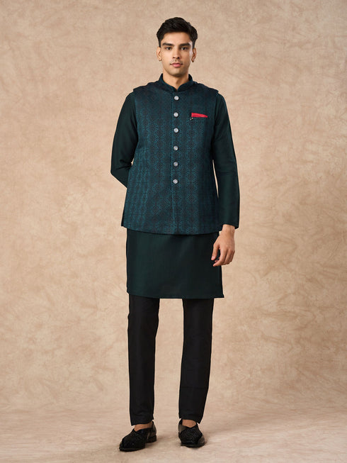 Manyavar Teal Green Brocade Nehru Jacket with Pocket Square