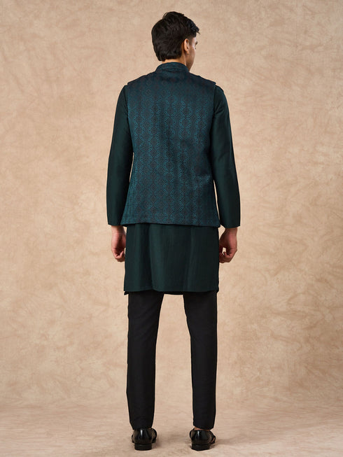 Manyavar Teal Green Brocade Nehru Jacket with Pocket Square