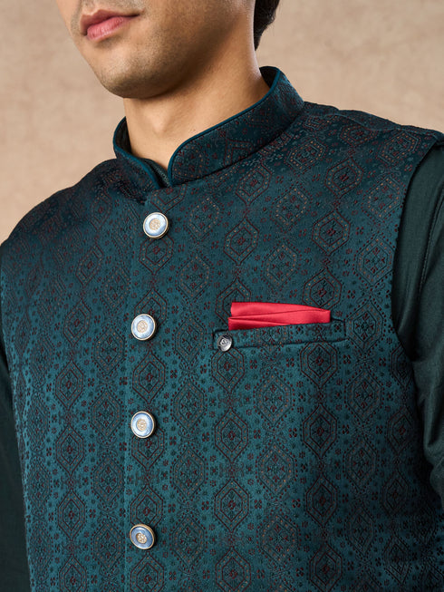 Manyavar Teal Green Brocade Nehru Jacket with Pocket Square