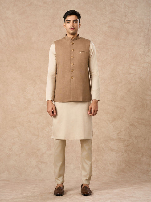 Manyavar Fawn Blended Rayon Nehru Jacket