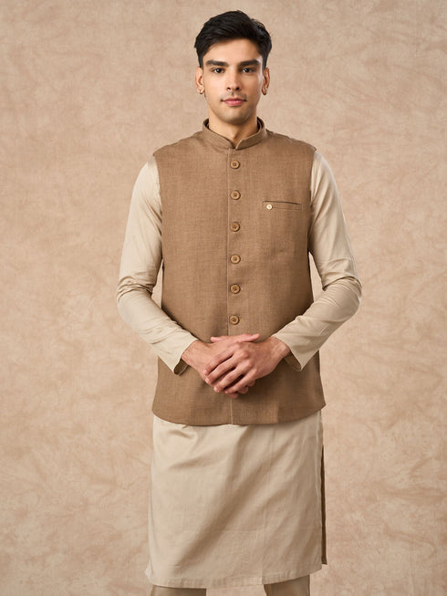 Manyavar Fawn Blended Rayon Nehru Jacket