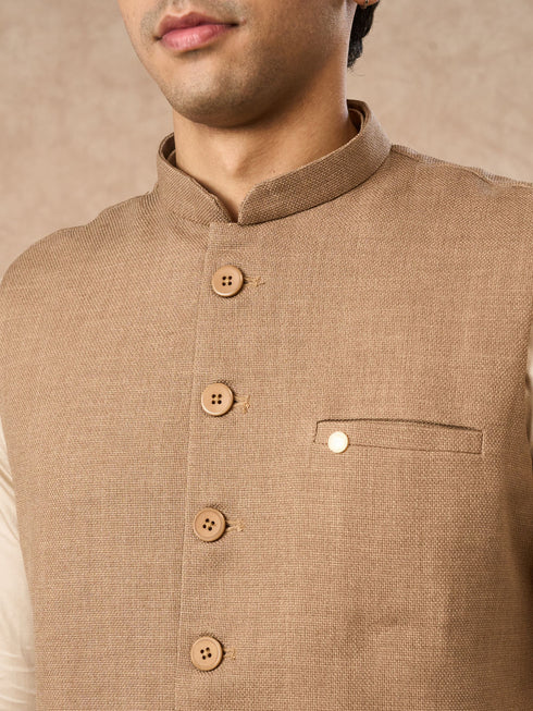 Manyavar Fawn Blended Rayon Nehru Jacket