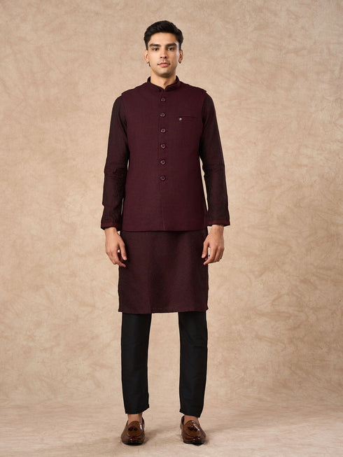 Manyavar Wine Blended Rayon Nehru Jacket with Pocket Pin